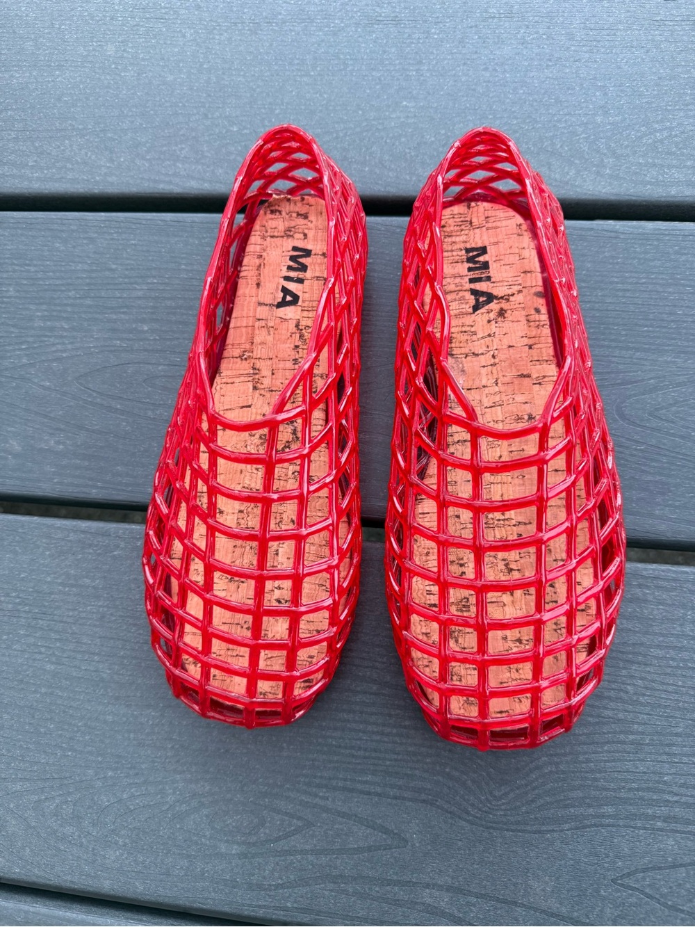 NWOT Mia Darleene Jelly Woven Cage Flats Shoe Cork Footbed Red 7 80s Retro Y2K